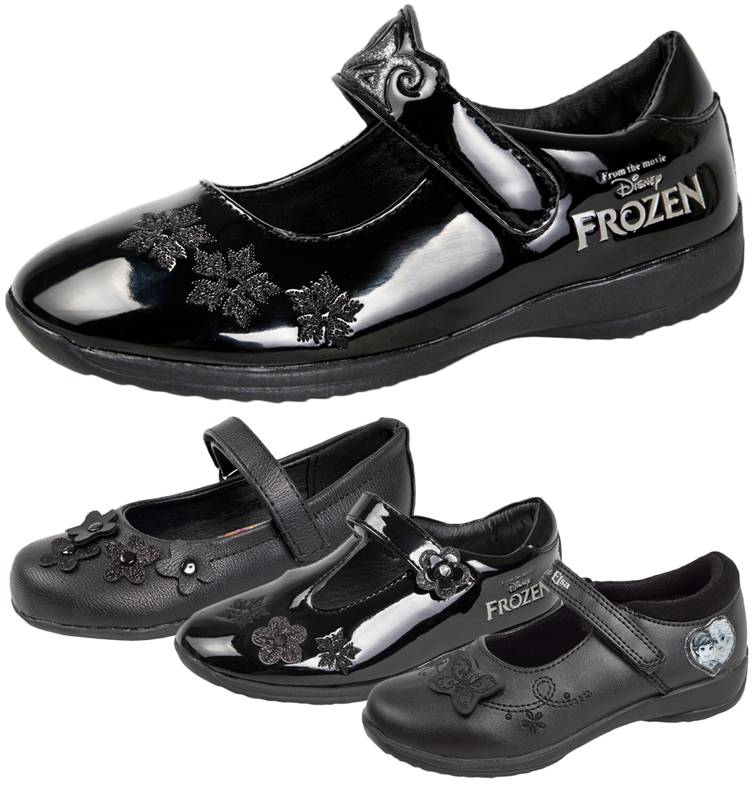 Kids Girls Black Disney Frozen School Shoes Faux Leather T Bar Mary
